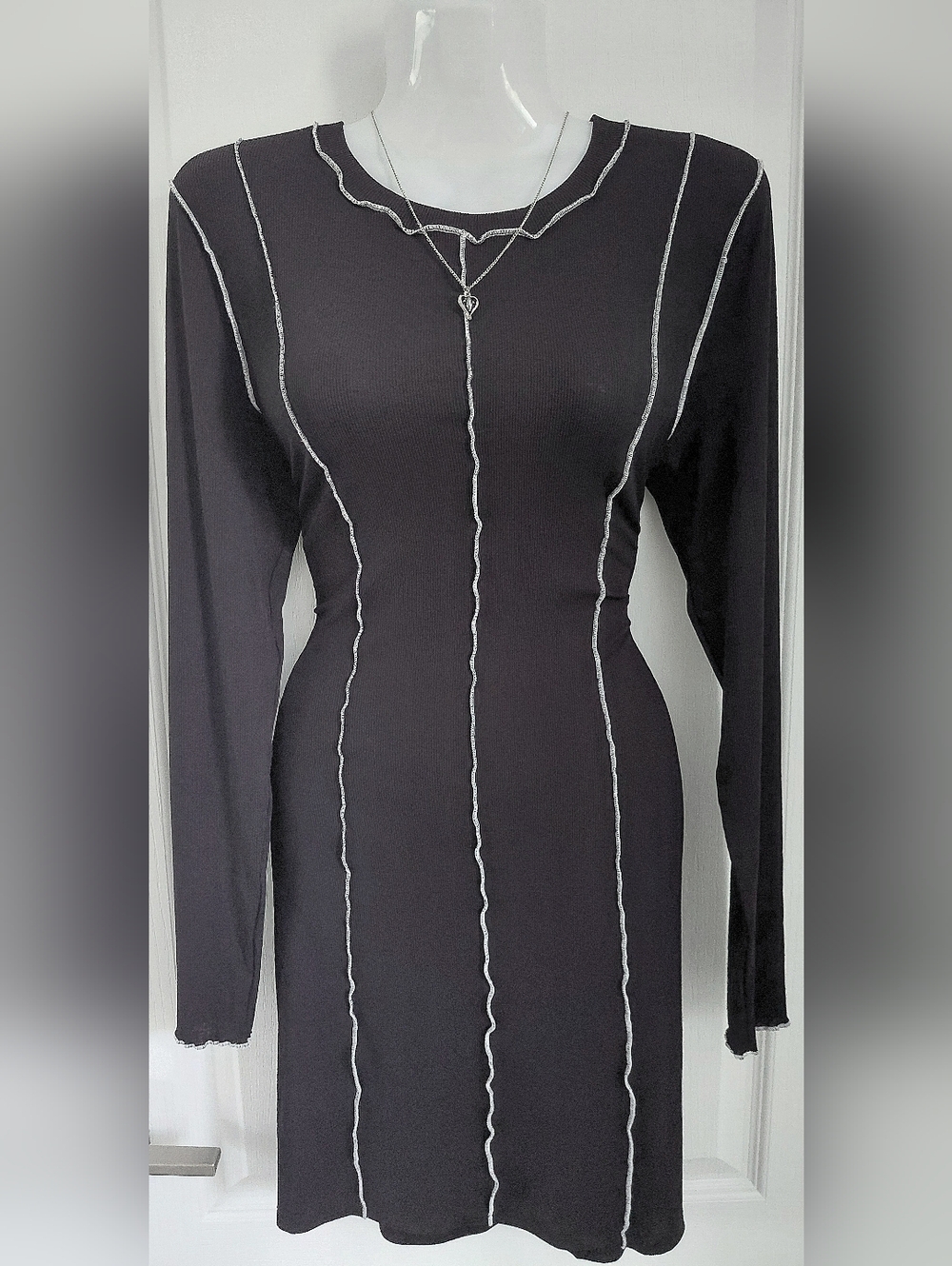 Divided Black Long Sleeve Dress with White Accents